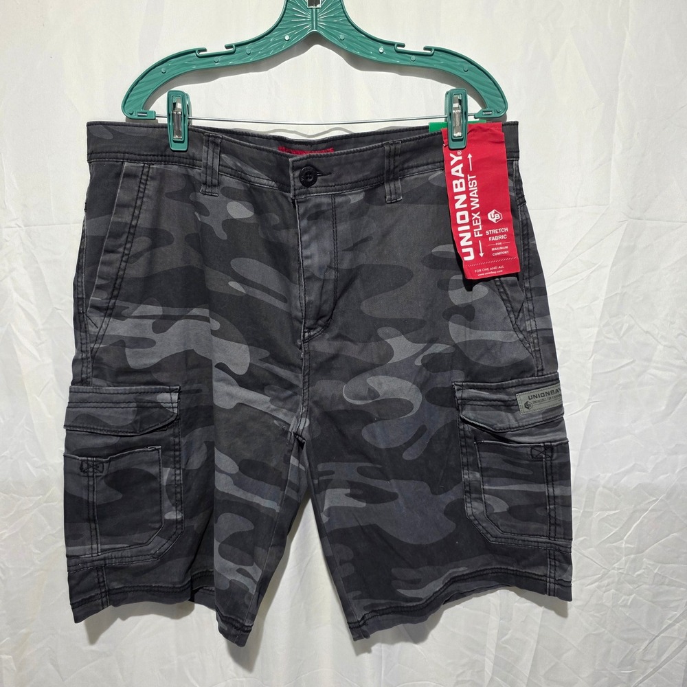 Unionbay Mens Black Camo Flex Waist Stretch Cargo Shorts Size 38 NWT 1555223
